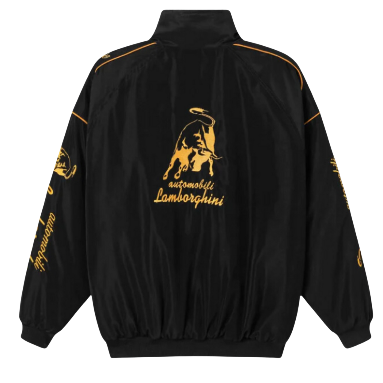 Black jacket with gold Lamborghini logo on a white background