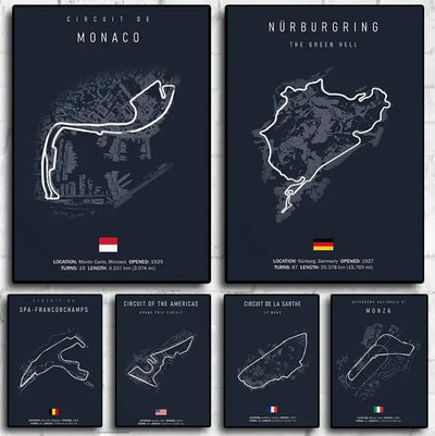 Set of six posters with race track outlines and names on a dark background.