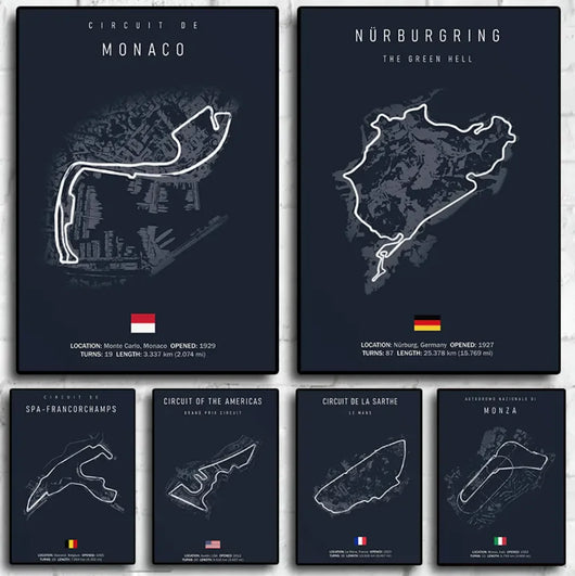 Set of six posters with race track outlines and names on a dark background.