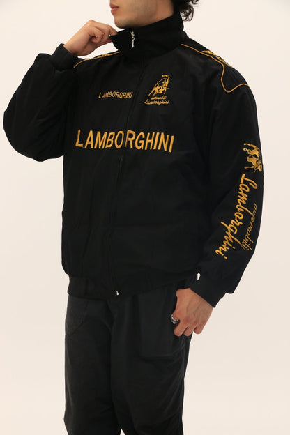 Black tracksuit with Lamborghini branding on a white background