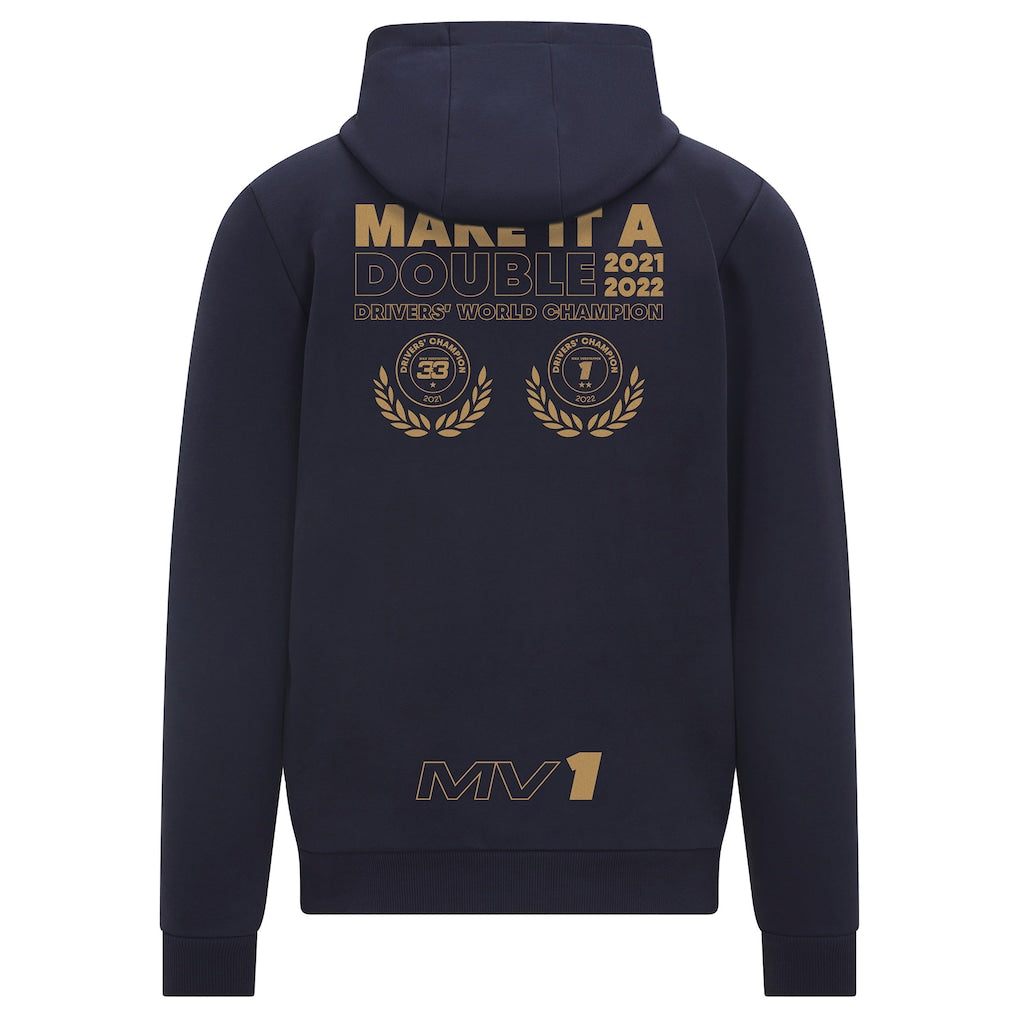Back view of Red Bull Racing Max Verstappen World Champion Hoodie showcasing championship print.