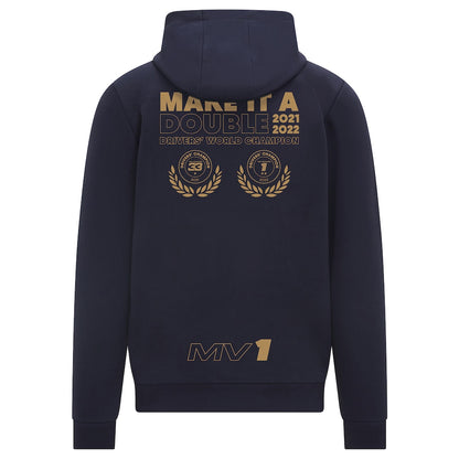 Back view of Red Bull Racing Max Verstappen World Champion Hoodie showcasing championship print.