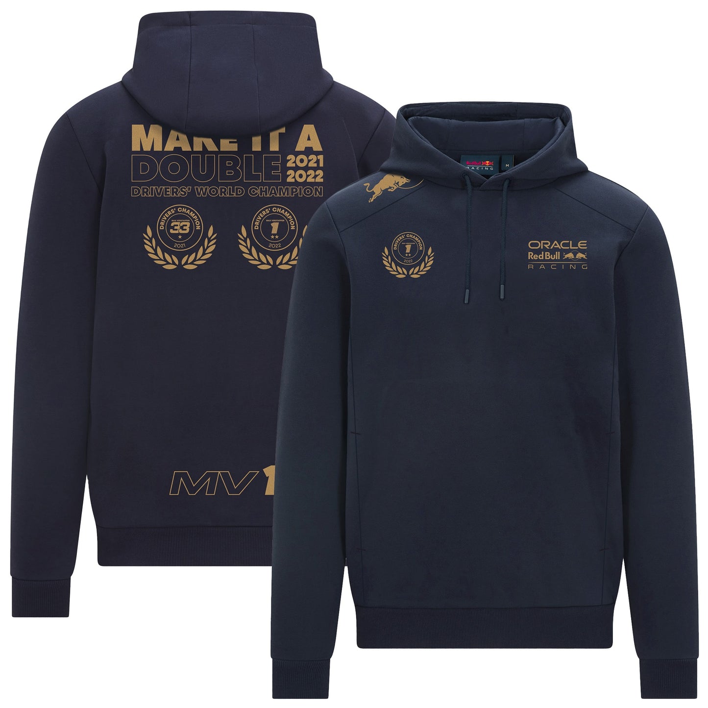 Front and Back view of Red Bull Racing Max Verstappen World Champion Hoodie in black with gold graphics.