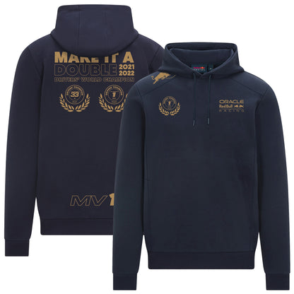 Front and Back view of Red Bull Racing Max Verstappen World Champion Hoodie in black with gold graphics.