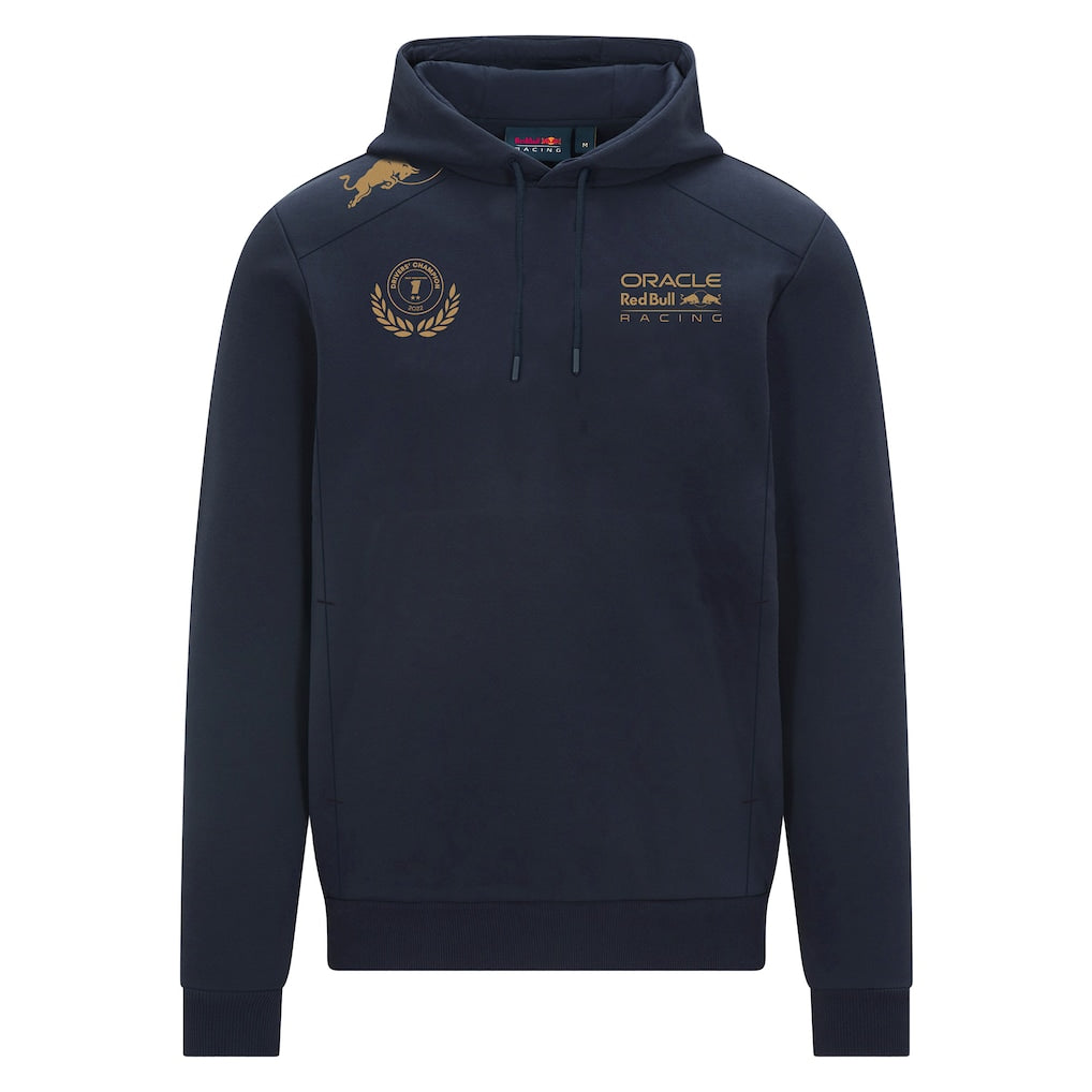 Front view of Red Bull Racing Max Verstappen World Champion Hoodie in black with gold graphics.